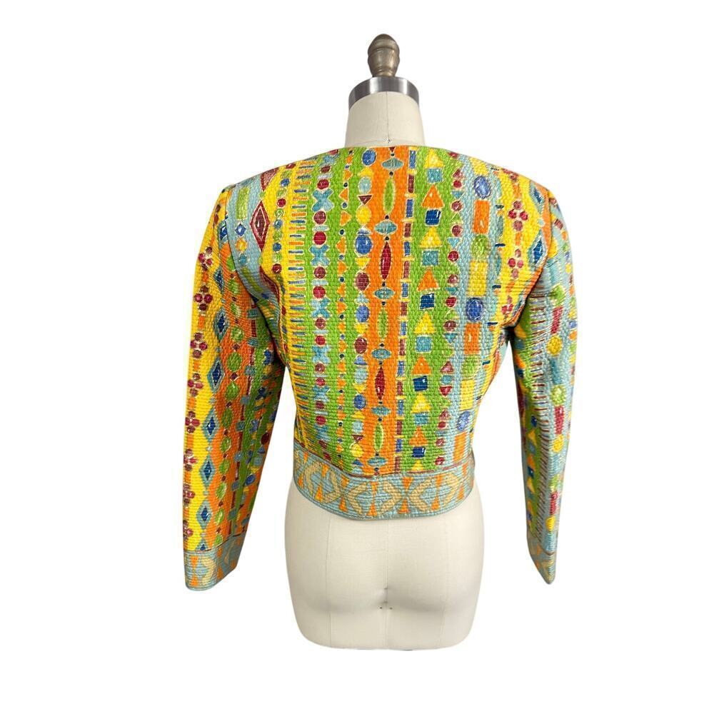 3 PC 80s VTG Carlisle Silk Pant Suit Yellow Geo Jacket +Blue/Green Pants Top S - Picture 6 of 13